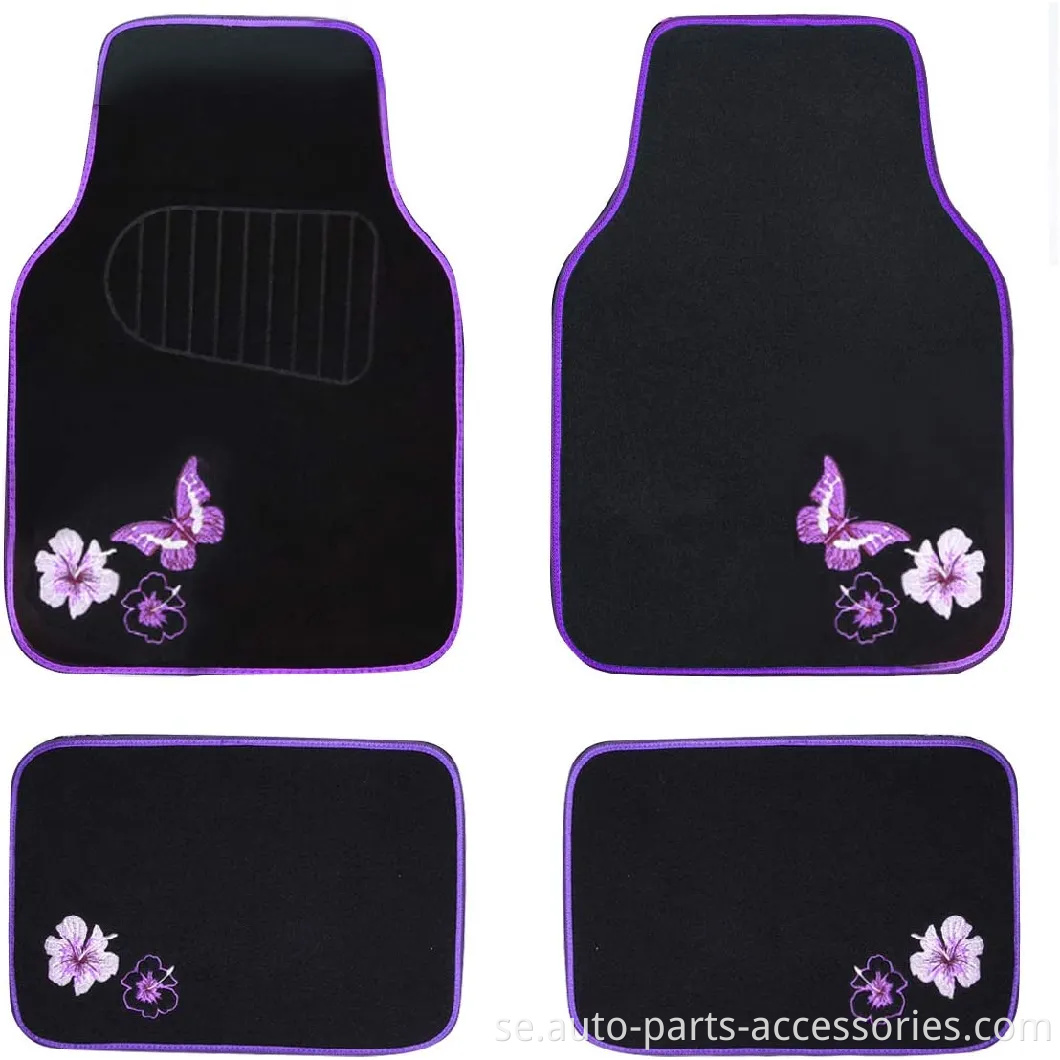 Universal Fit Embroidery Faryfly and Flower Car Floor Mats, Universal Fit for SUV, Trucks, Sedans, Vans, Set of 4 (Black With Purple)